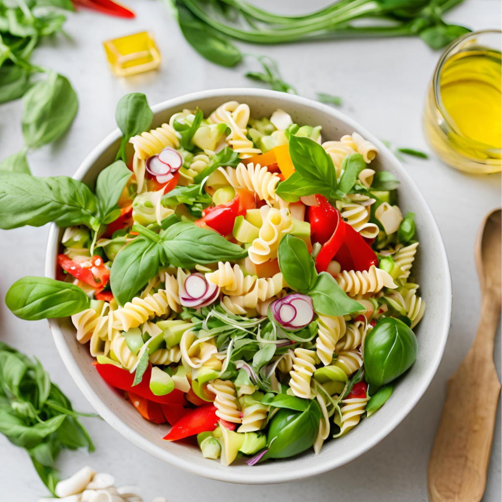 Sommer-Pasta-Salat mit Basilikum, Frühlingszwiebeln, roter Paprika