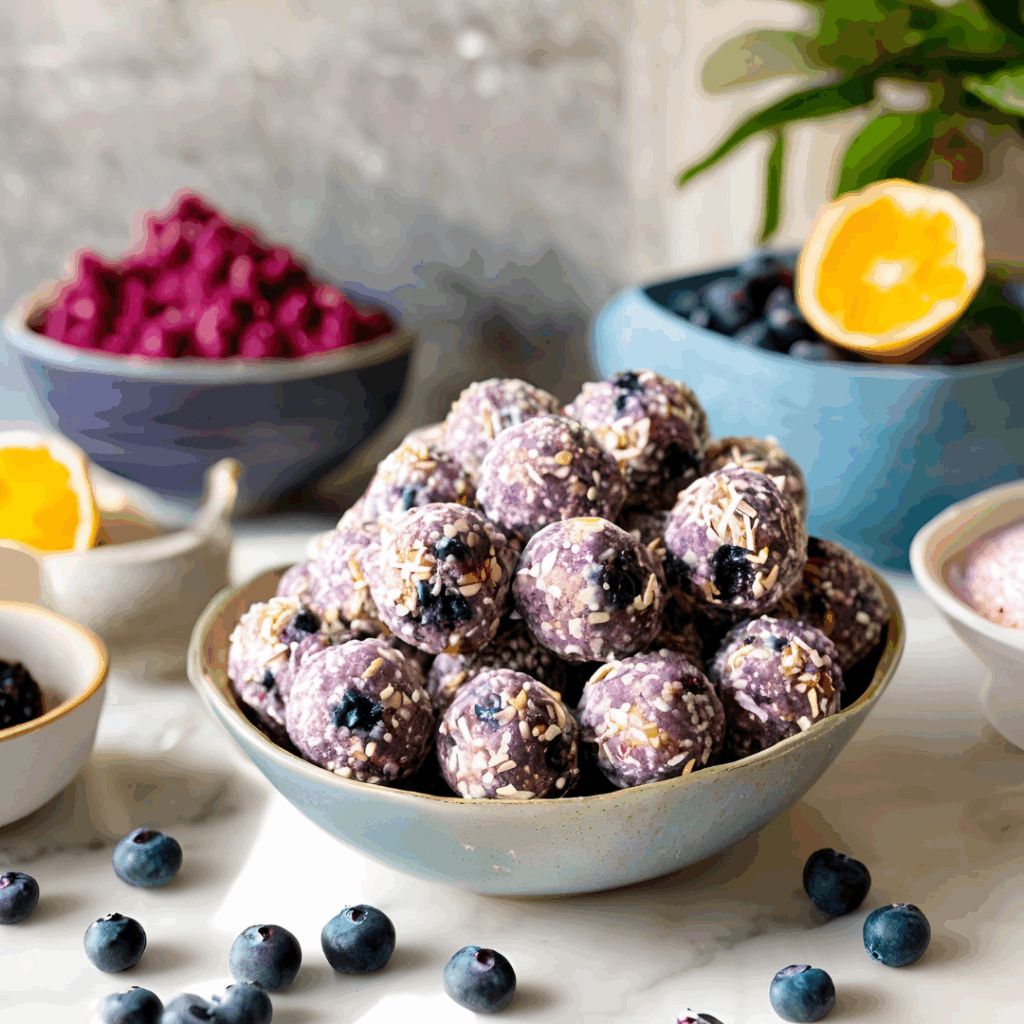 Cremige Protein-Blaubeer-Cheesecake-Energyballs – dein gesunder Snack zum Verlieben