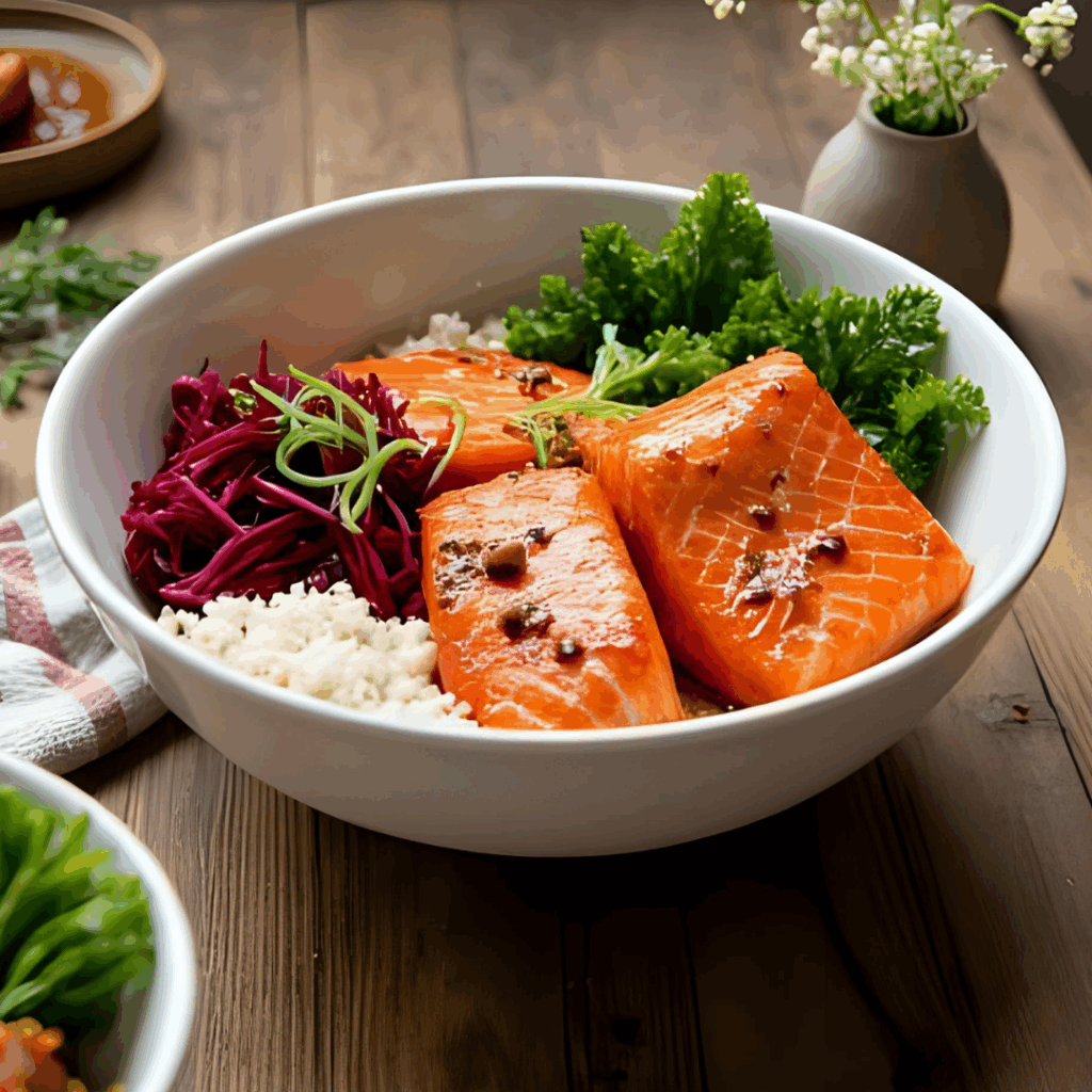 Lachs Bowl mit Reis, Roter Beete, Salat & Asia-Dressing