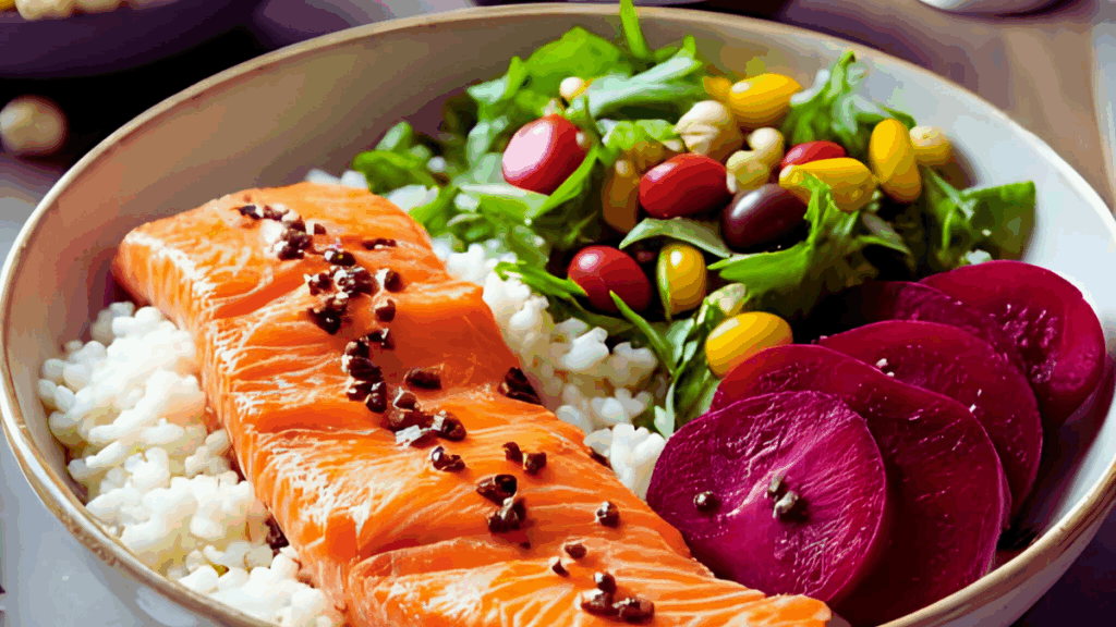 Lachs Bowl mit Reis, Roter Beete, Salat & Asia-Dressing Beitragsbild